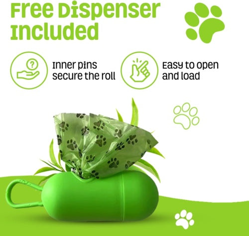 Green pet waste bag dispenser with bags inside, featuring text and icons about its features.
