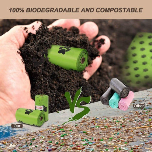 Biodegradable and compostable dog waste bags being added to soil, with a comparison to non-biodegradable options.