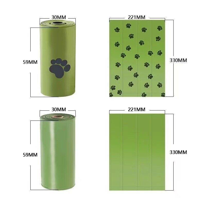 Green roll of paper with paw print pattern and dimensions on a white background