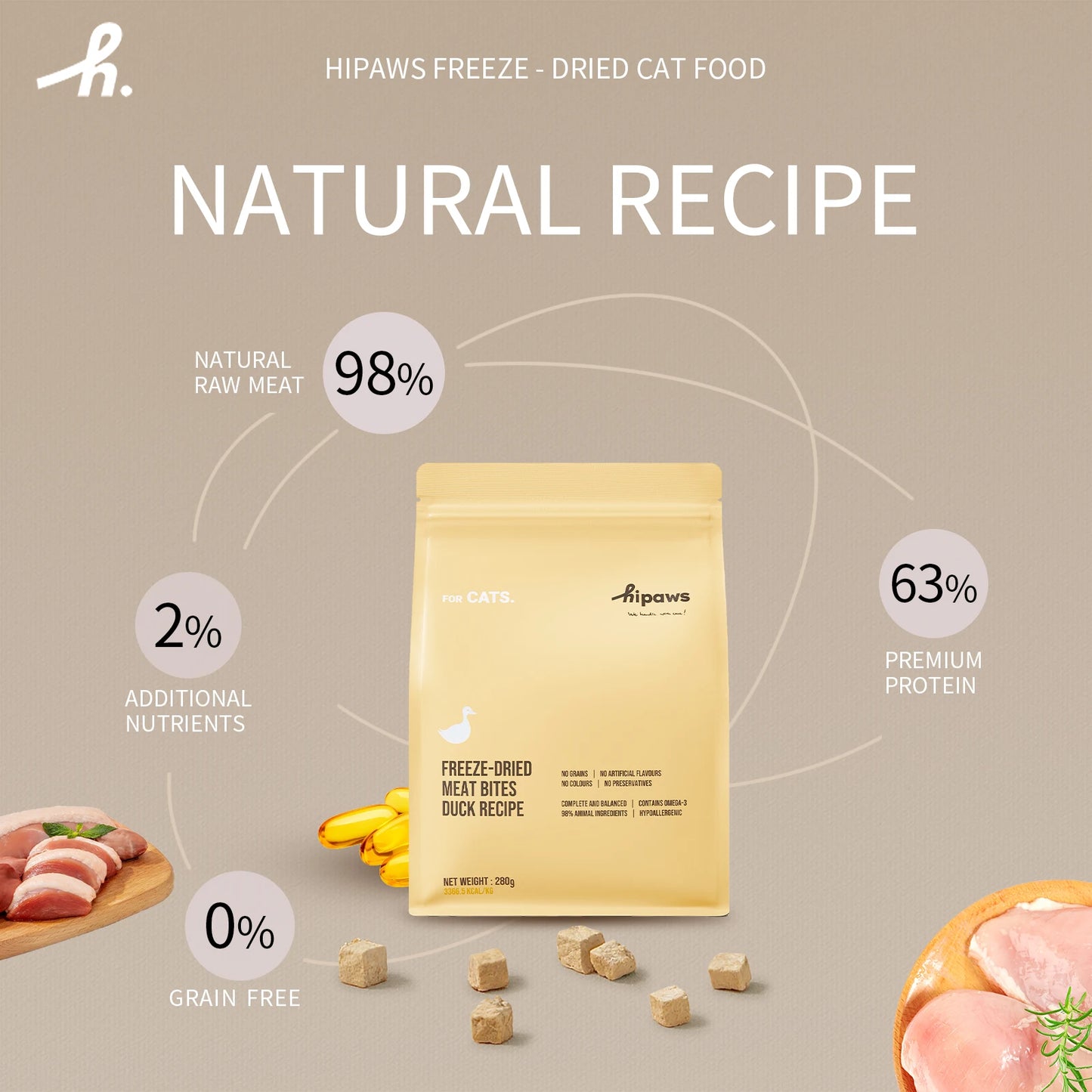 Hipaws freeze-dried cat food package with nutritional information on a beige background