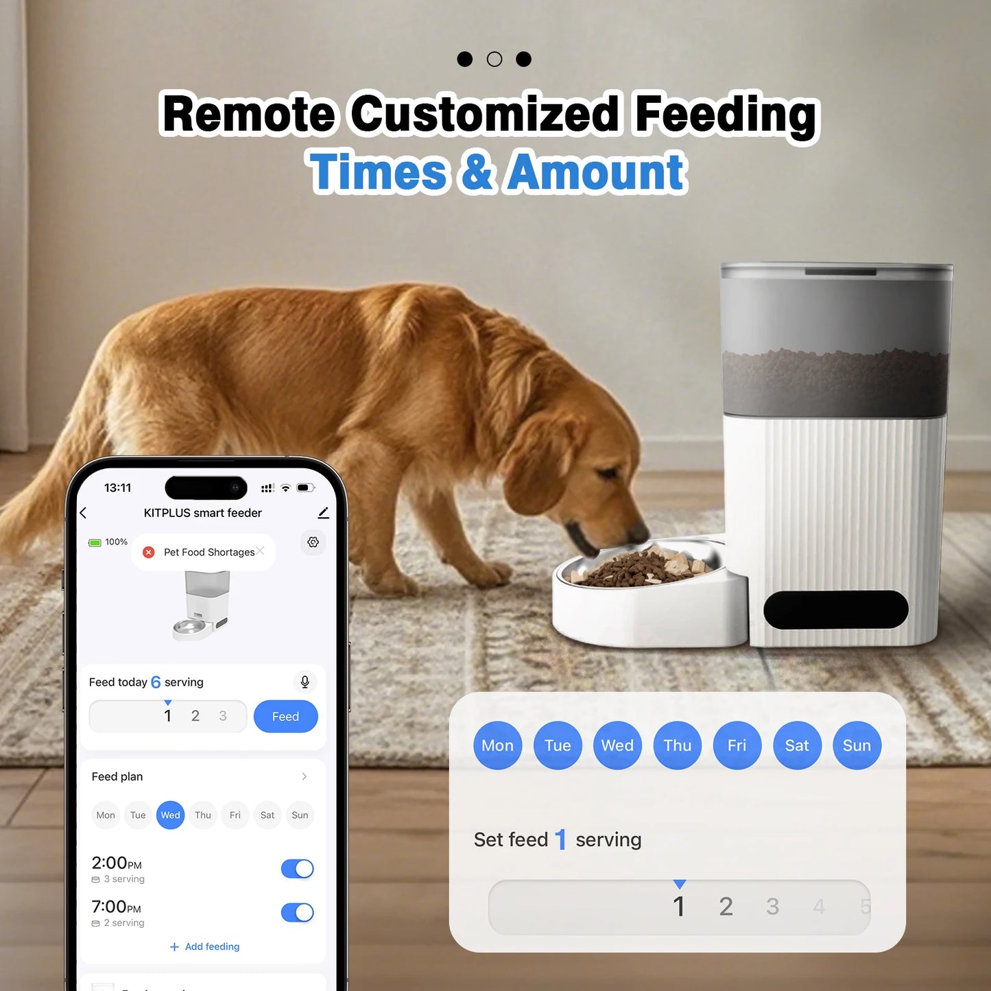 Dog eating from a smart feeder with a smartphone app interface displayed on a screen.