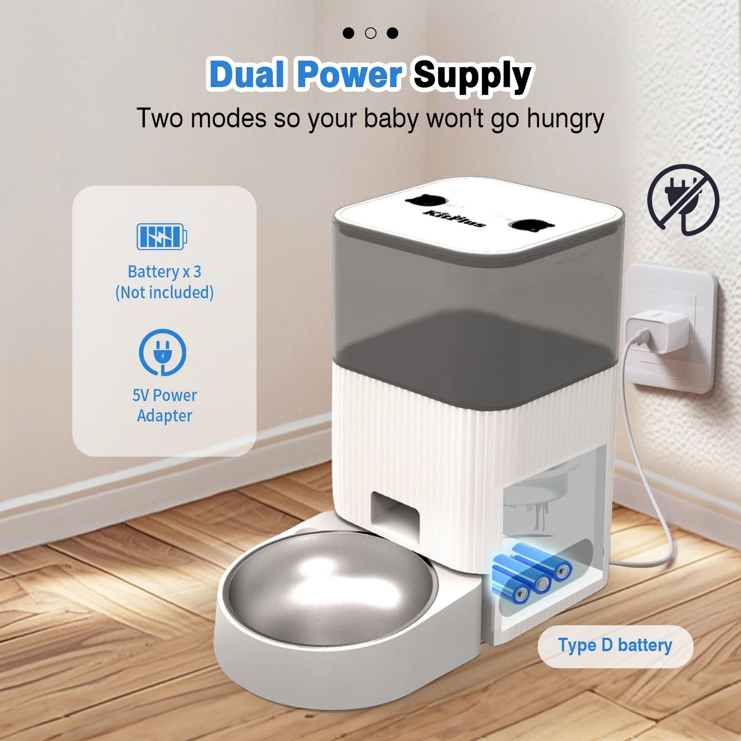 Pet feeder with dual power supply options on a wooden floor.