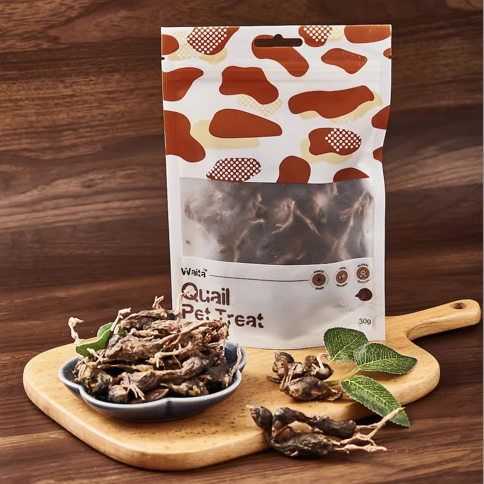 Quail pet treats on a wooden board with a branded package in the background