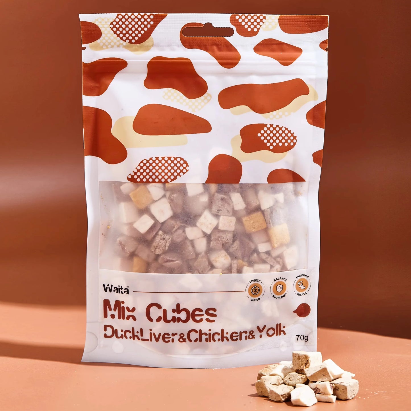 Package of Waite Mix Cubes with duck liver, chicken, and yolk on a brown background