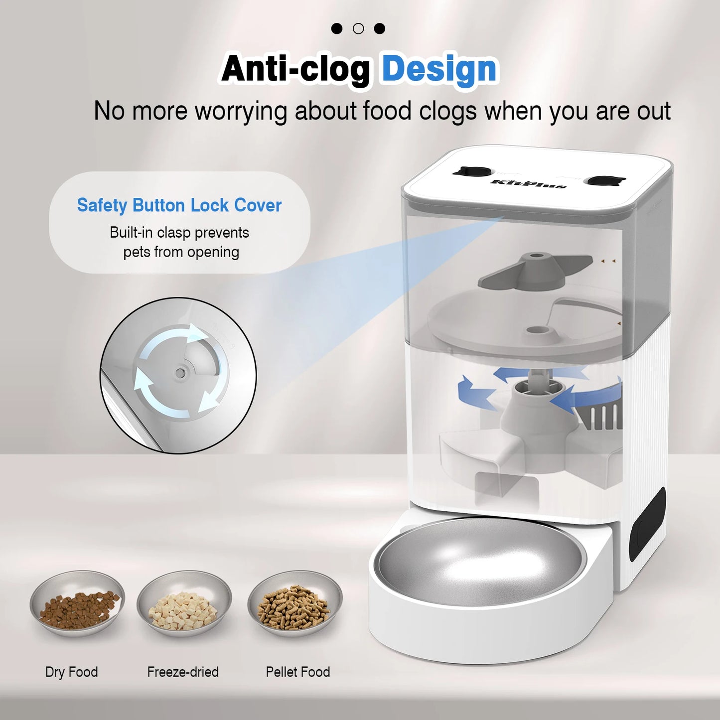 Pet feeder with anti-clog design features on a gray background