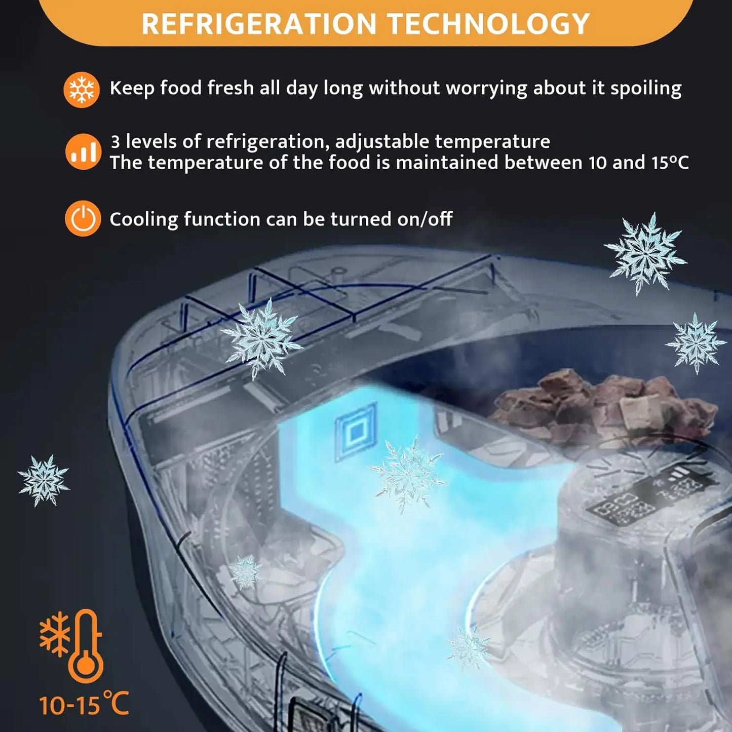 Refrigeration technology graphic with ice cubes and temperature control elements.