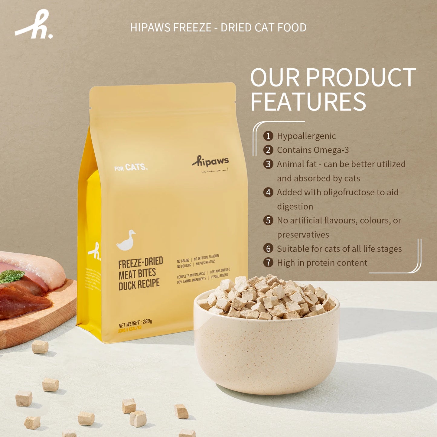 Hipaws freeze-dried cat food package with a bowl of food on a neutral background