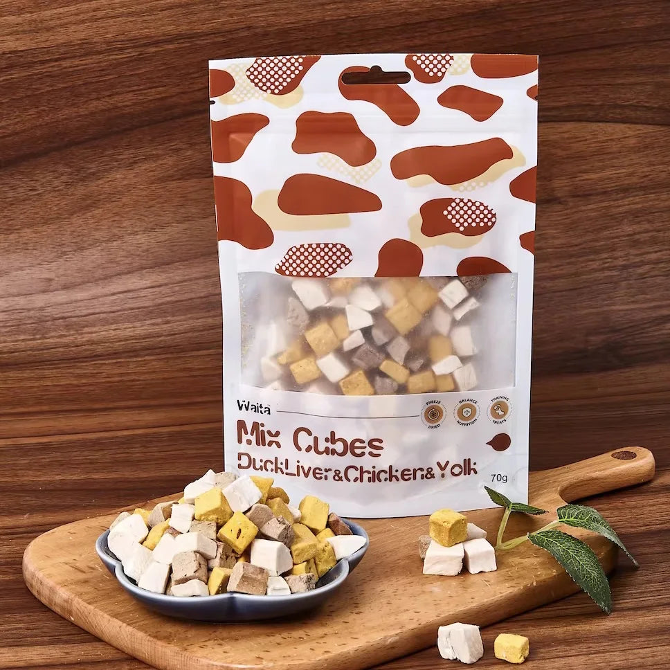 Packaged dog food mix cubes on a wooden cutting board with a wooden background