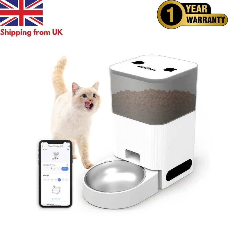 Pet feeder with a cat and smartphone app on a white background, featuring a one-year warranty badge.