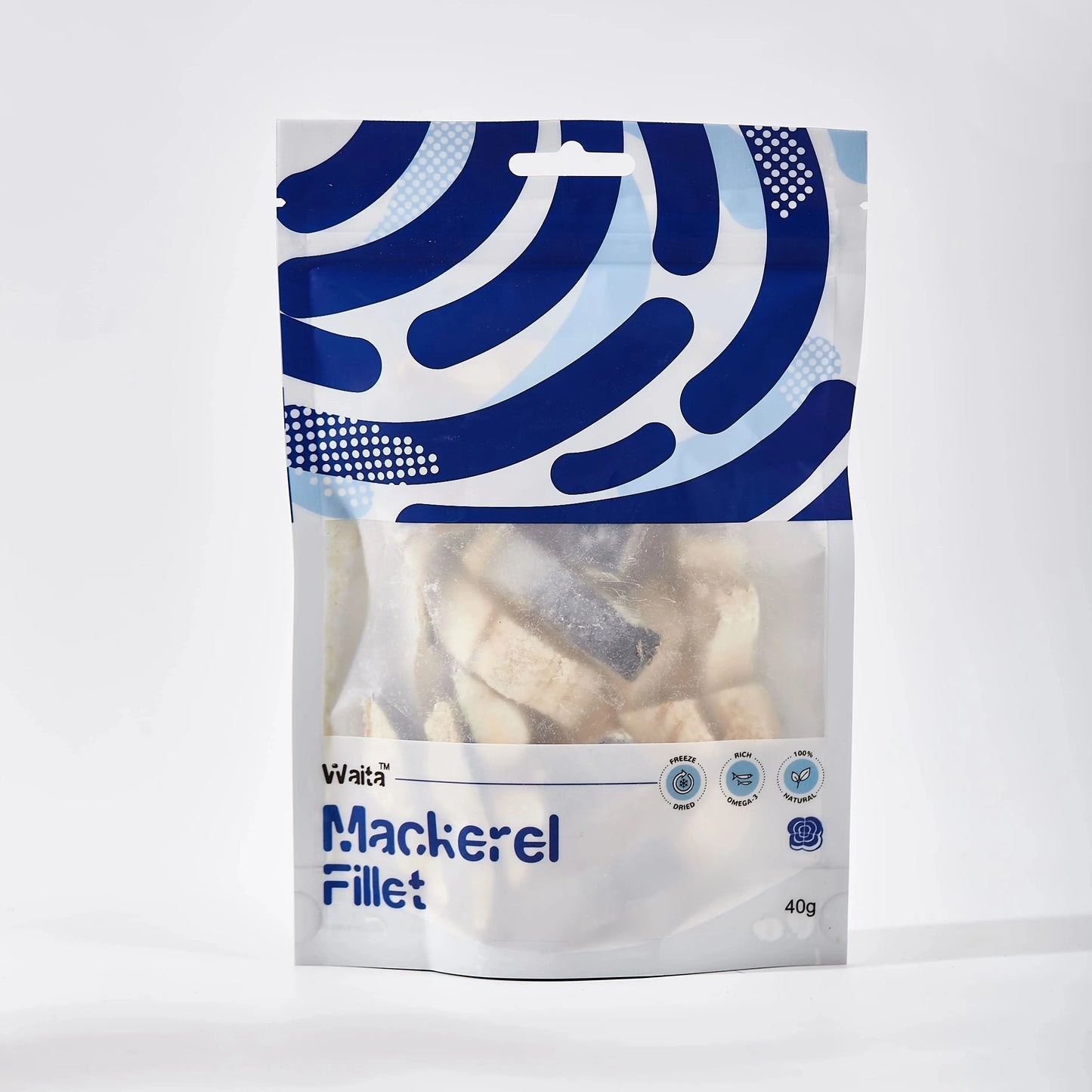 Packaged mackerel fillets with blue and white design on a white background
