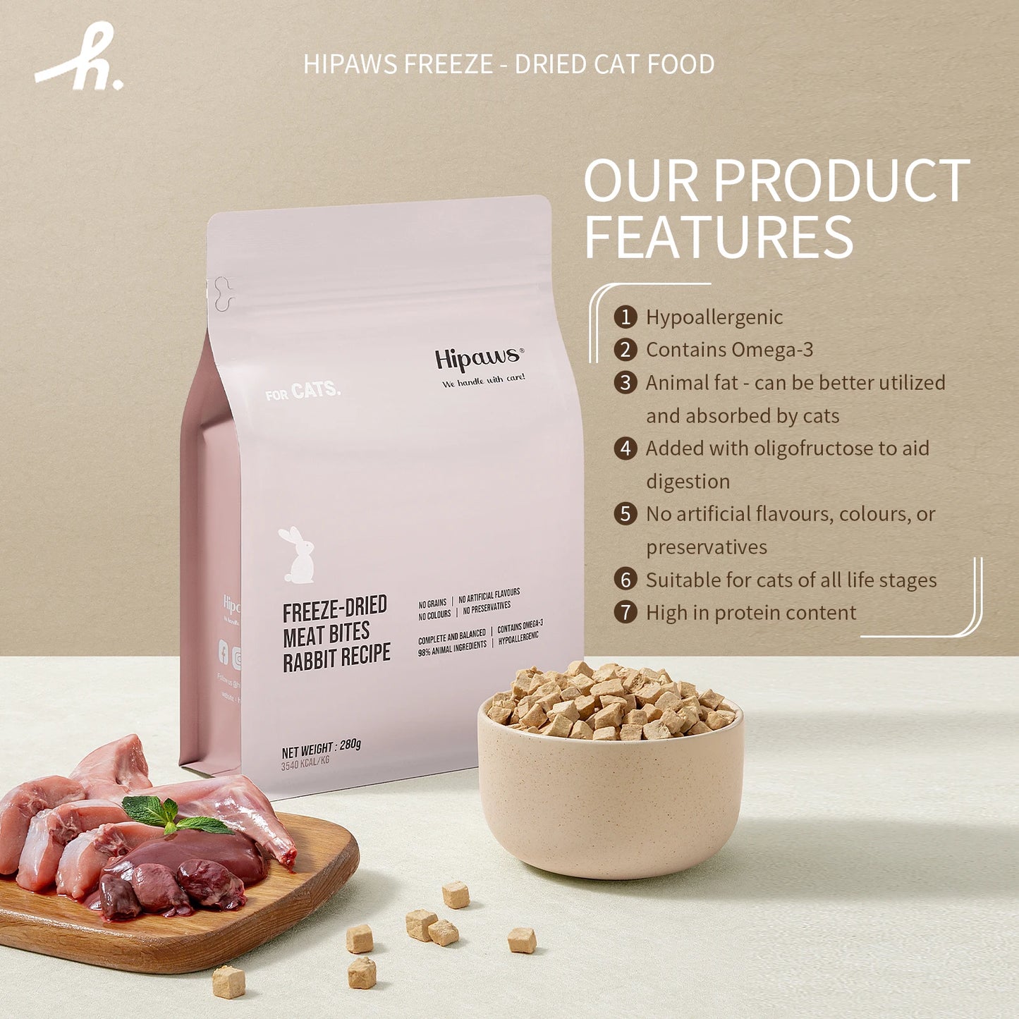 Hipaws freeze-dried cat food package with a bowl of food and raw meat on a neutral background