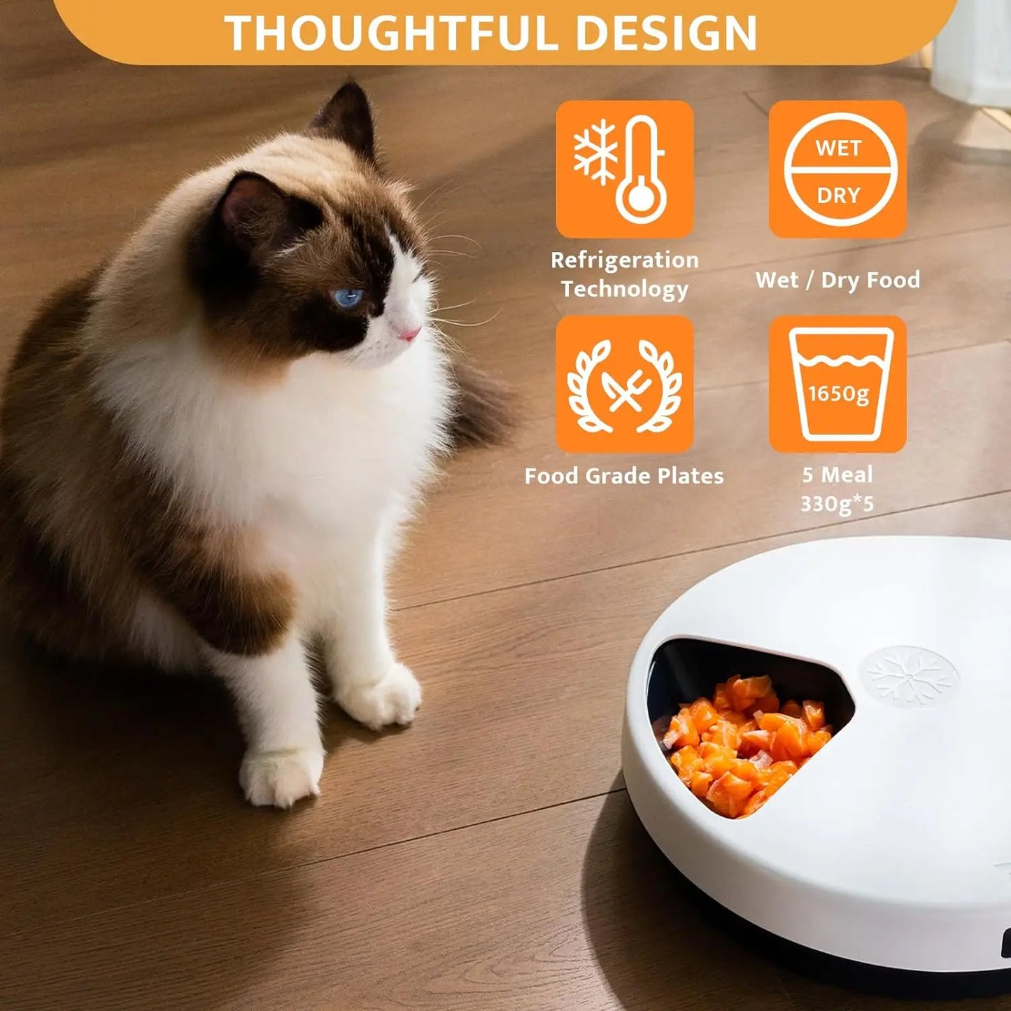 Cat sitting next to an automatic pet feeder with features highlighted on a wooden floor.