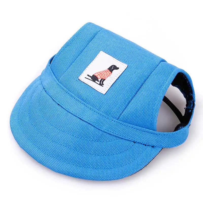 Blue pet visor with a label on a white background