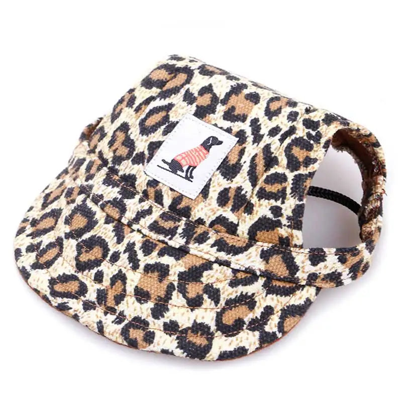 Leopard print cap with a brand label on a white background