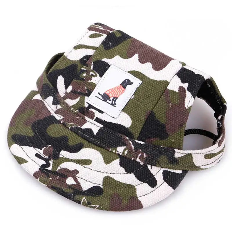 Camouflage-patterned dog harness with a brand label on a white background
