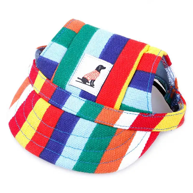 Colorful striped dog harness with a small patch on a white background