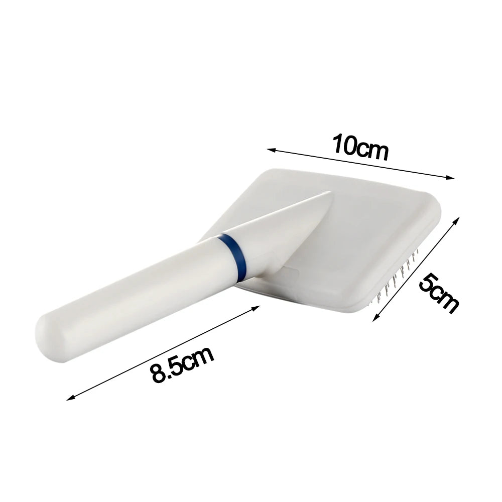 White pet grooming brush with measurements on a white background