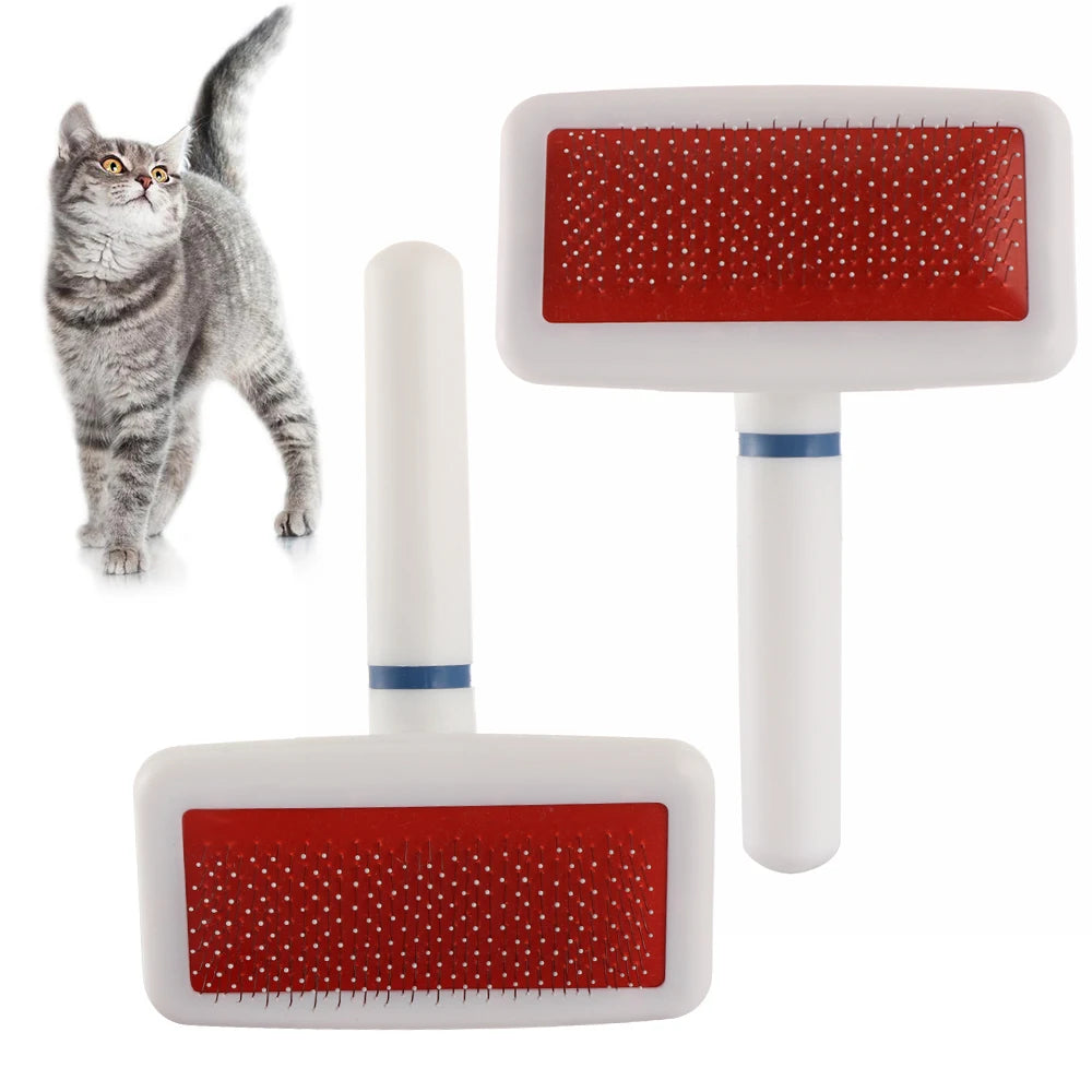 Two pet grooming brushes with red一面 and white handles, next to a gray cat on a white background.