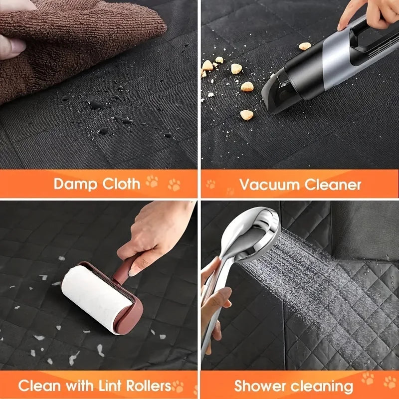 Collage of cleaning tools and methods on a black surface.