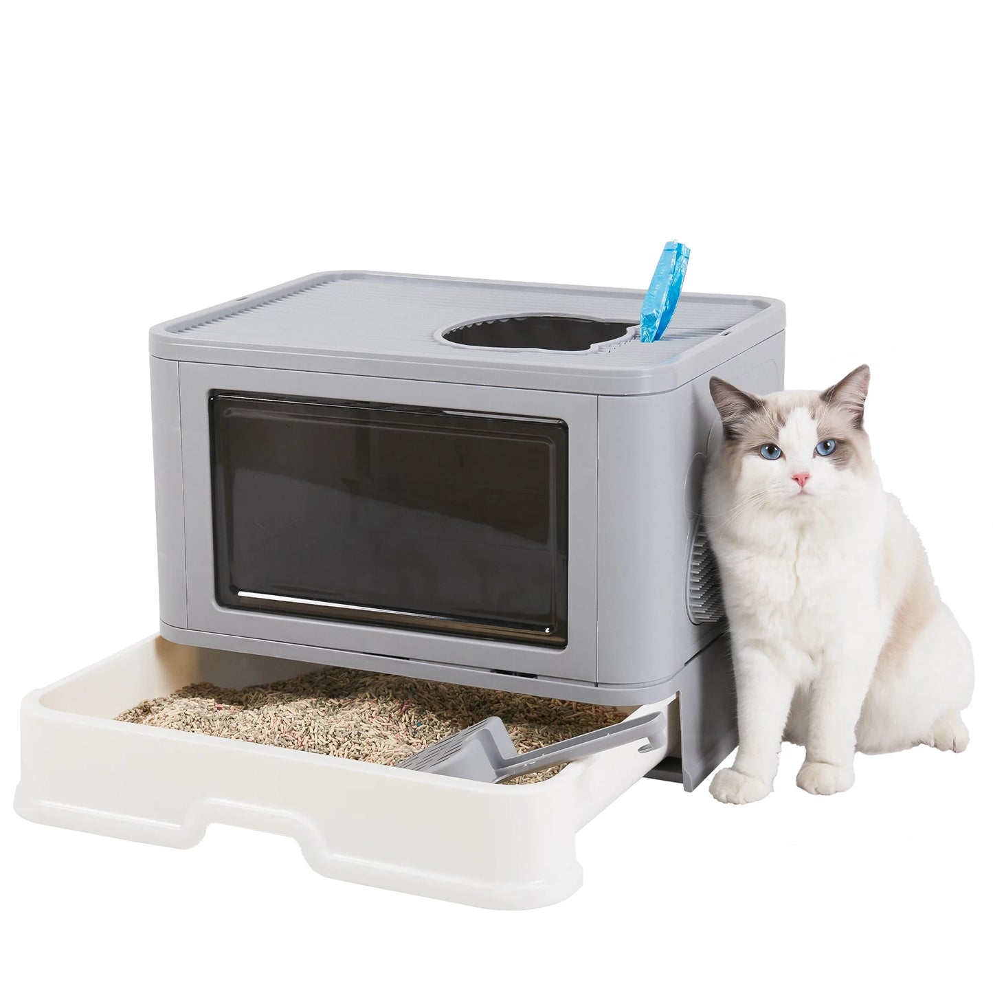 Litter tray with front entry and top exit