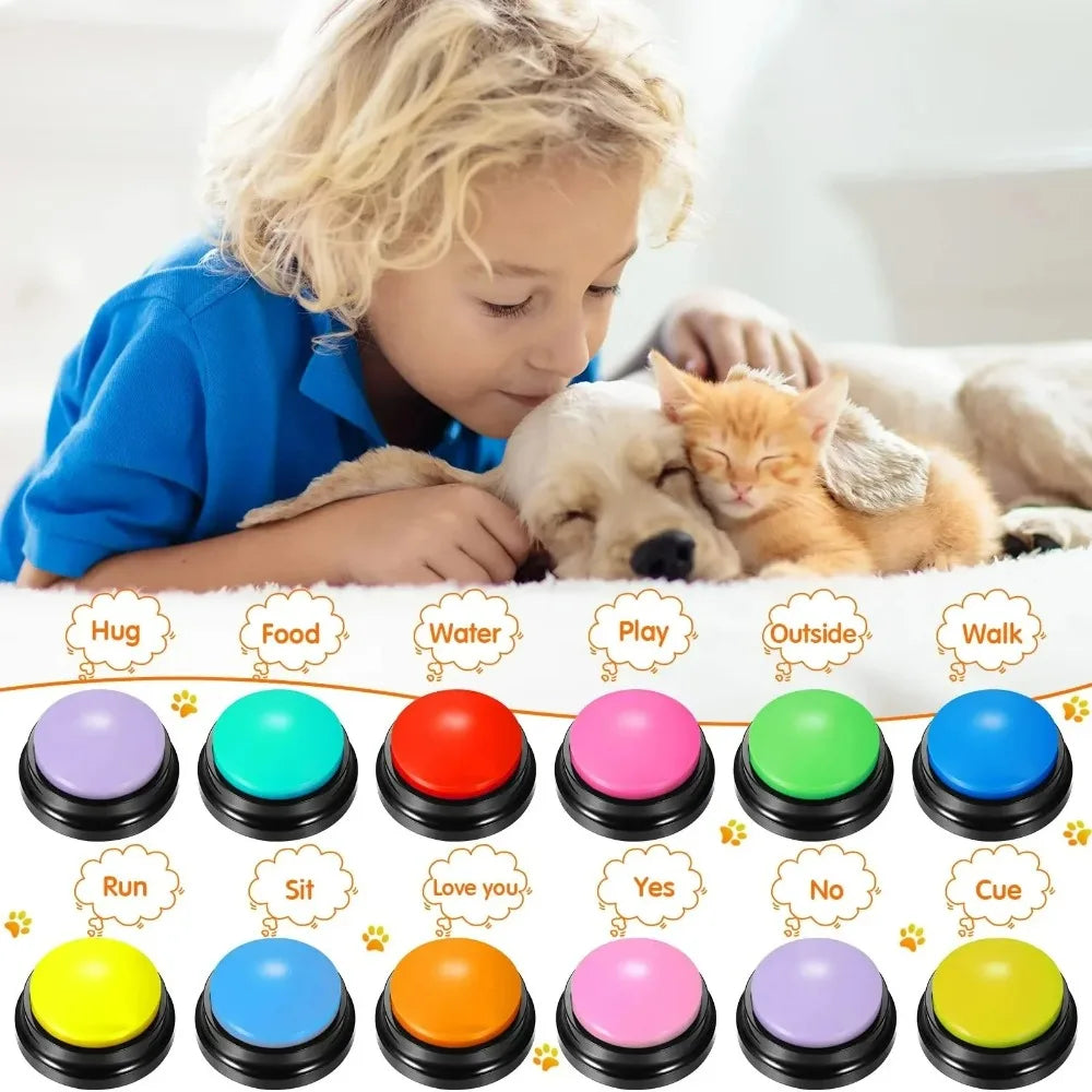 Child interacting with a dog and cat, surrounded by colorful buttons with various commands.