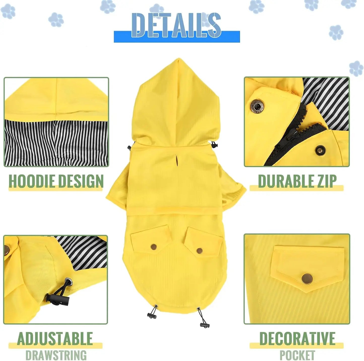 Yellow dog raincoat with features highlighted on a white background