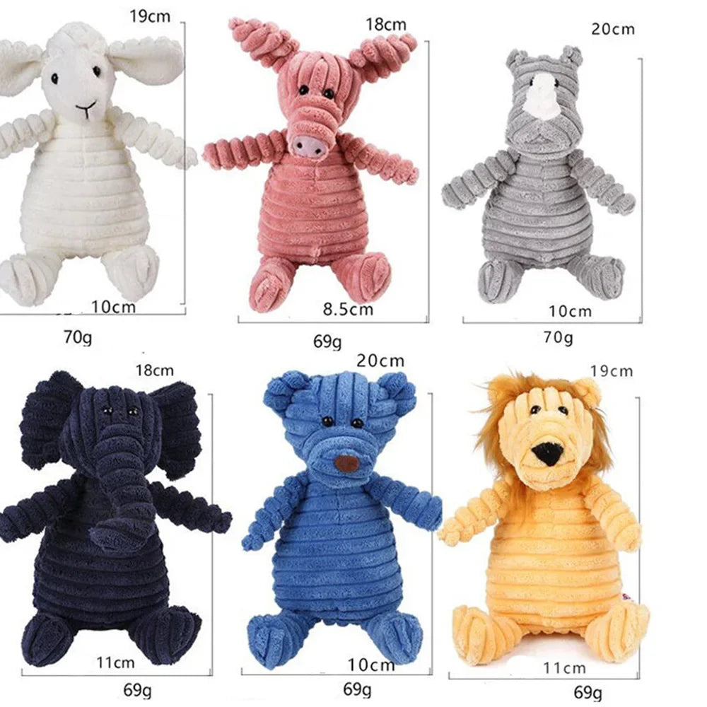 Set of six colorful plush toys with measurements and weights displayed.