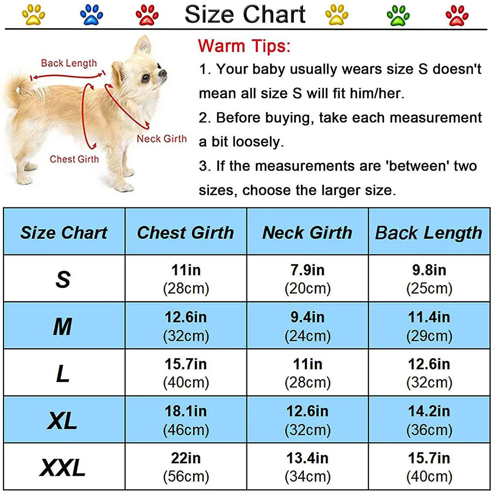 Dog size chart with measurements for chest girth, neck girth, and back length.