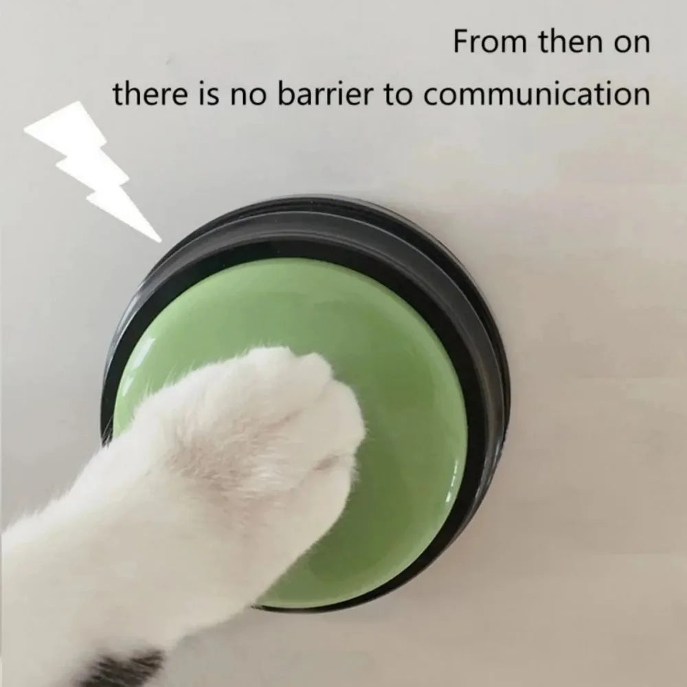 Cat paw pressing a green button with text 'From then on there is no barrier to communication'.