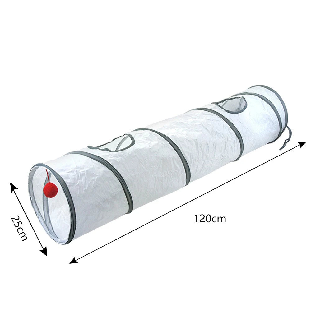 White pet play tunnel with measurements on a white background