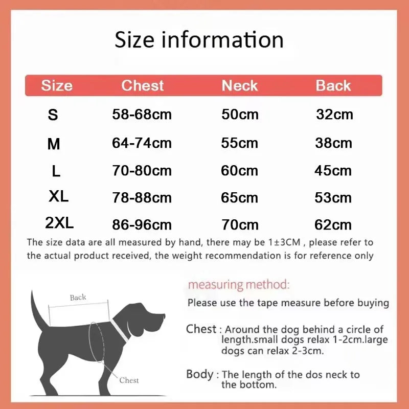 Size chart for dog coats with measurements in chest, neck, and back dimensions.