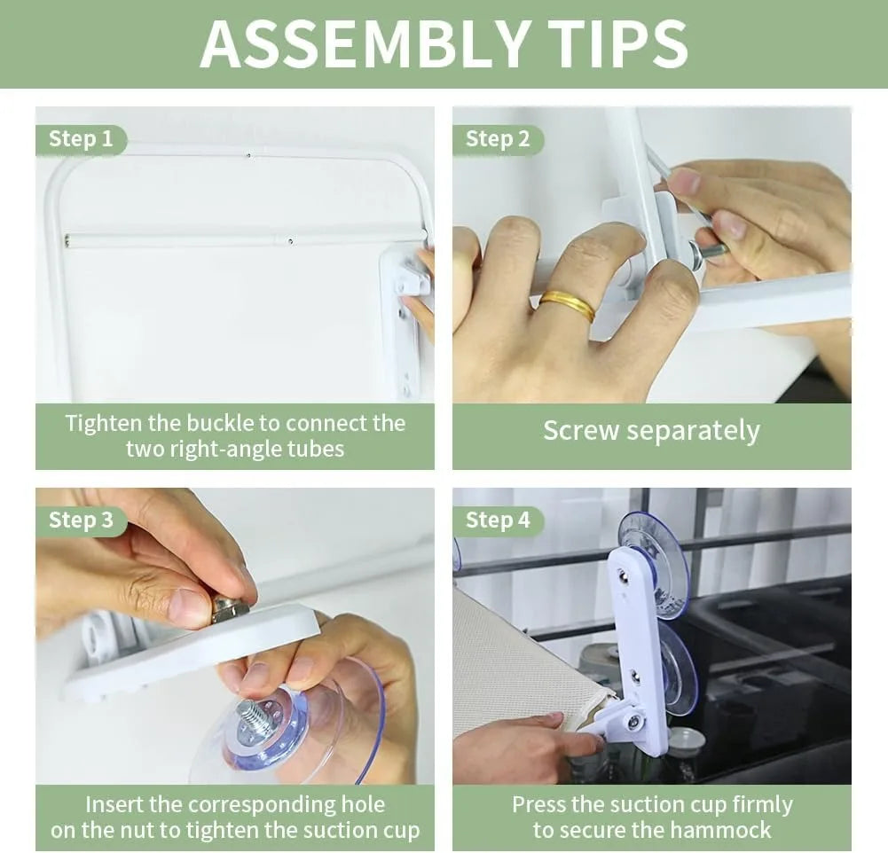 Step-by-step assembly guide for a product with text instructions on a white background.