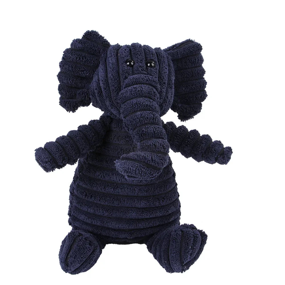 Navy blue plush elephant toy on a white background
