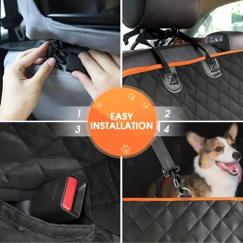 Step-by-step guide on installing a car seat cover for pets with close-up shots and a final image of a dog in the car.