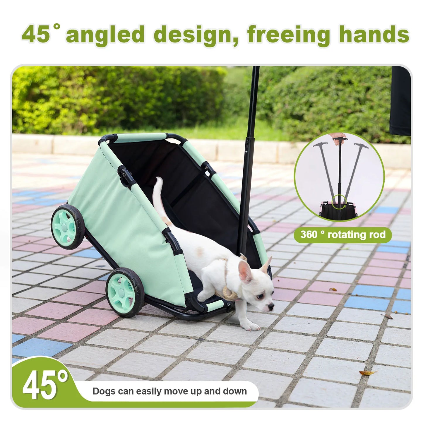 Pet stroller with a dog on a tiled pavement, highlighting features like an angled design and 360-degree rotating rod.