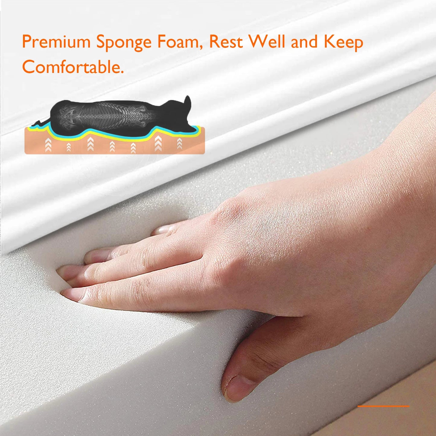 Hand pressing onto a cushioned surface with text about premium sponge foam.