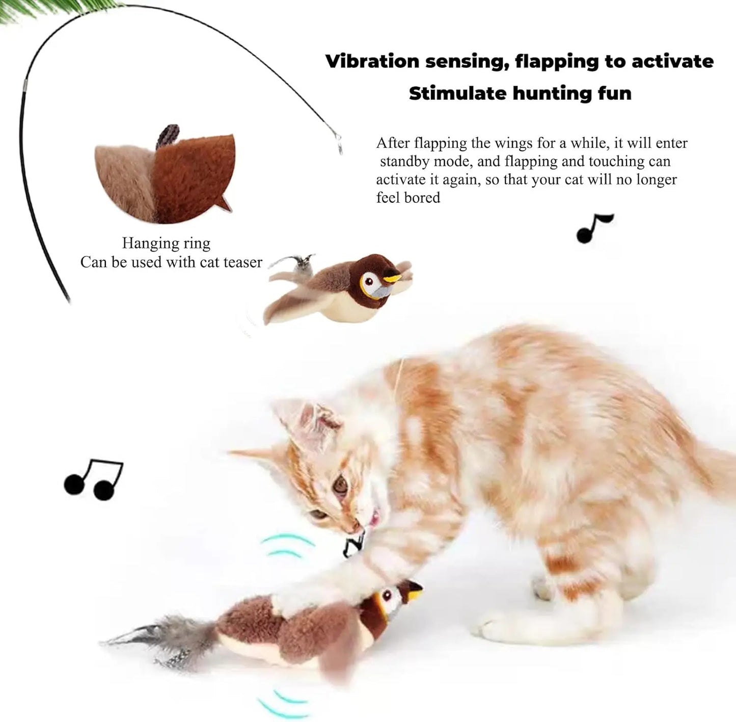 Cat playing with a plush bird toy, demonstrating natural hunting instincts.