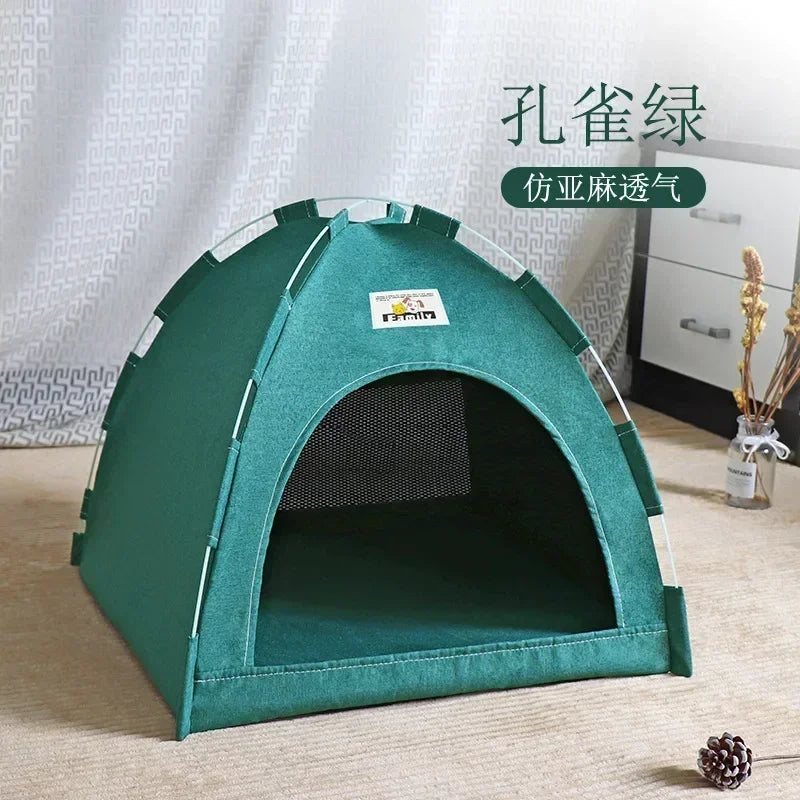 Green pet tent on a wooden floor with a white curtain in the background