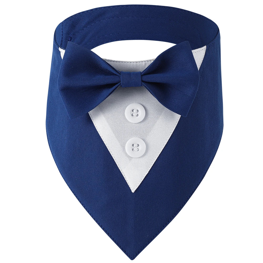 Blue dog bandana with a bow tie and white shirt collar on a white background