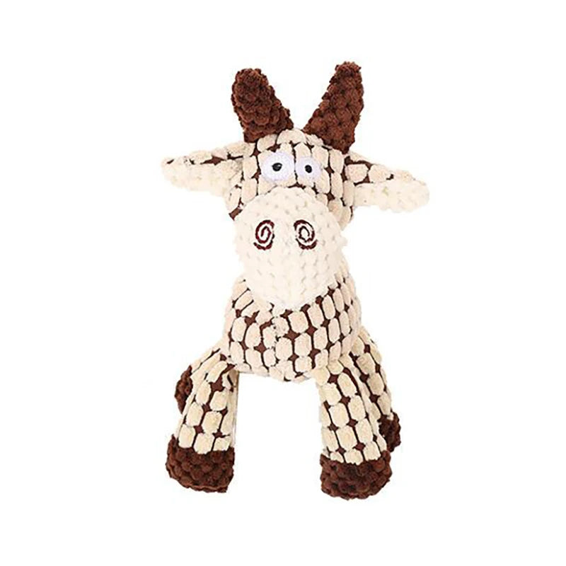 Knitted giraffe toy with brown spots on a white background