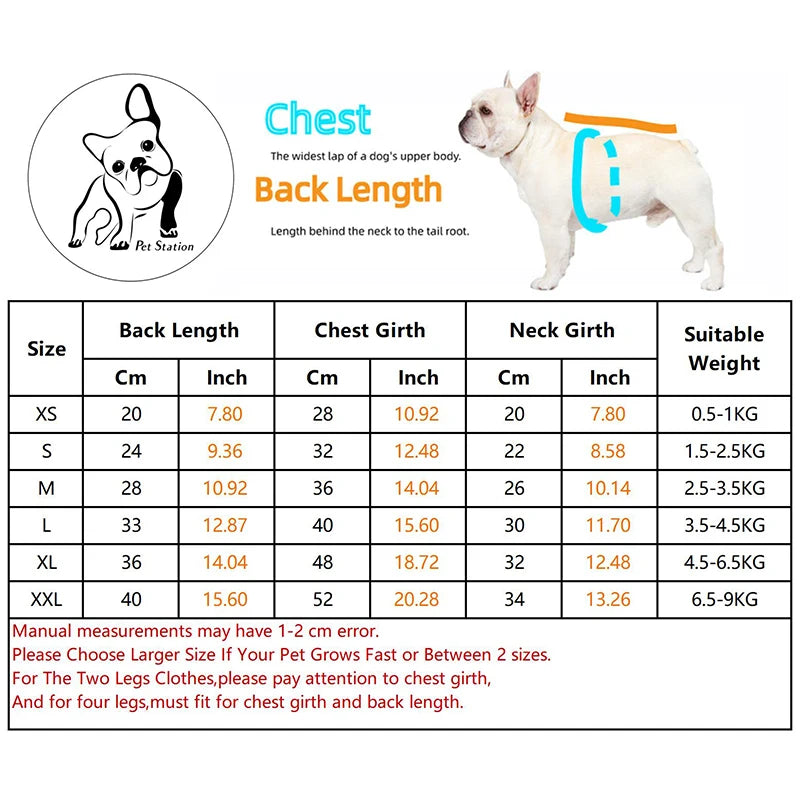 Dog clothing size chart with measurements and a dog wearing the garment.