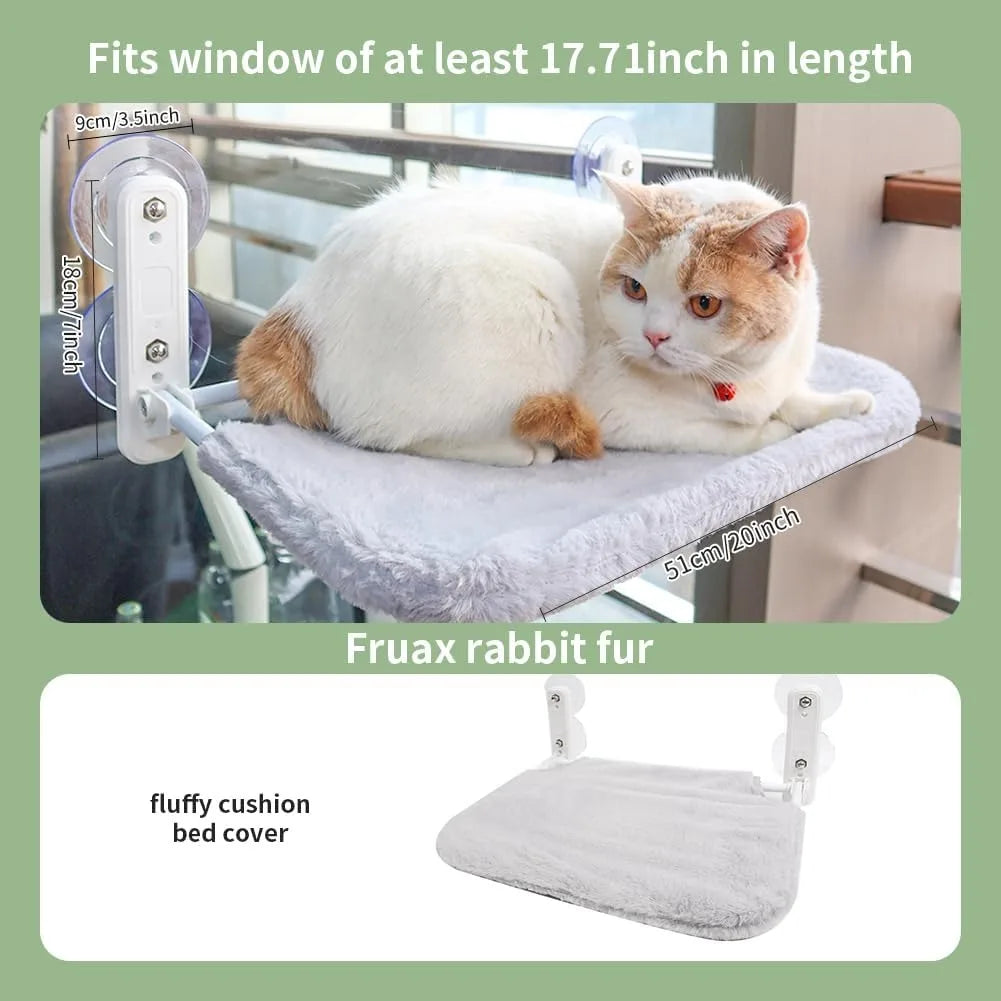 Cat lounging on a fluffy cushion bed cover with measurements and product details.