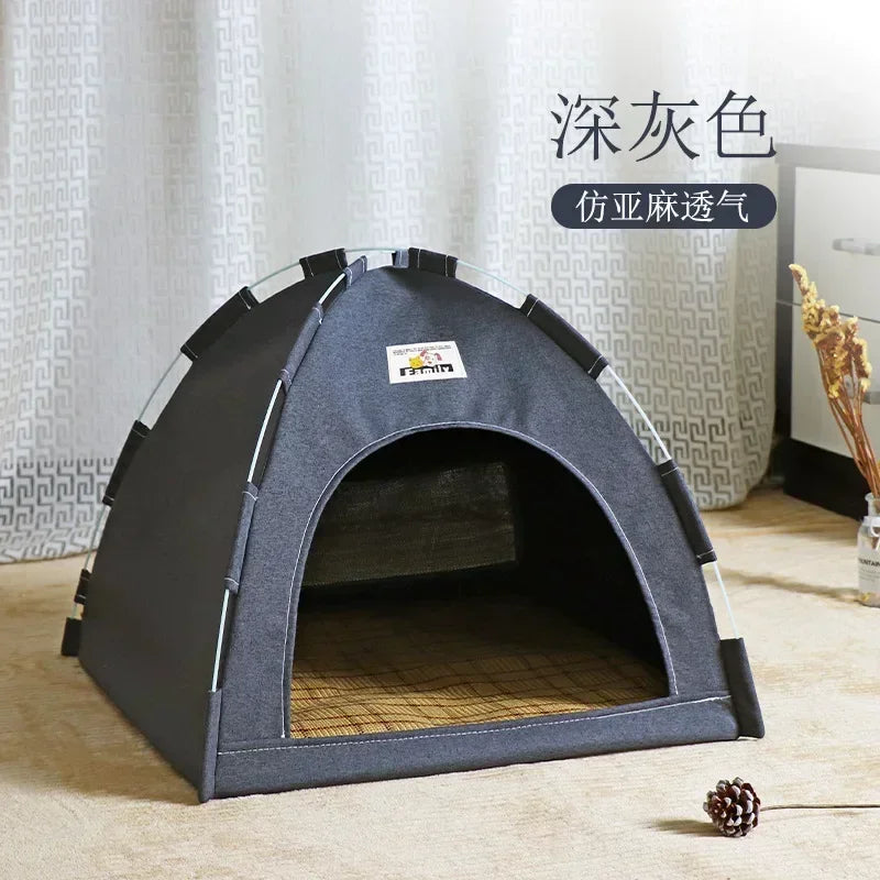 Pet tent on a wooden floor with a patterned curtain in the background