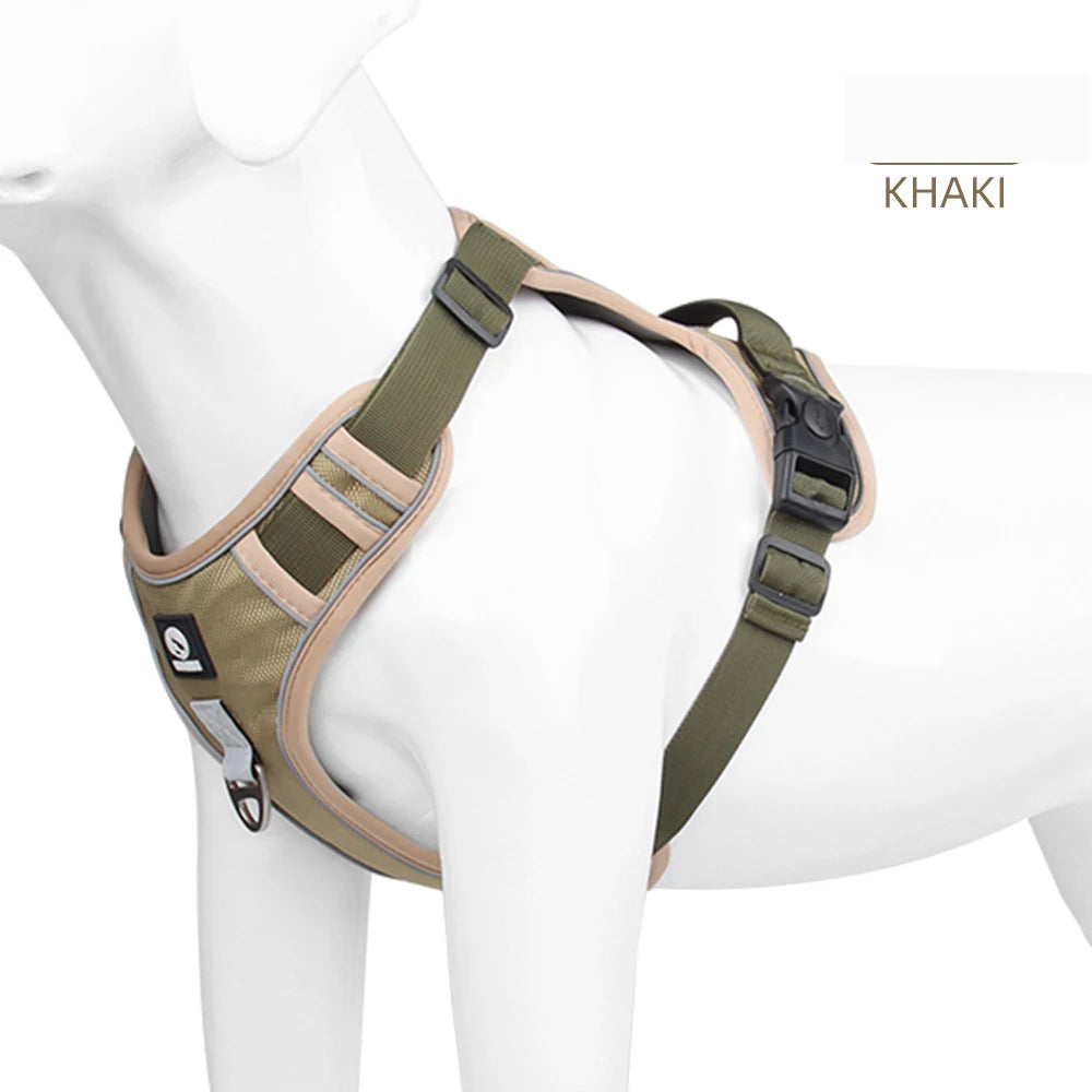 Breathable and durable materials of a reflective saddle harness."
