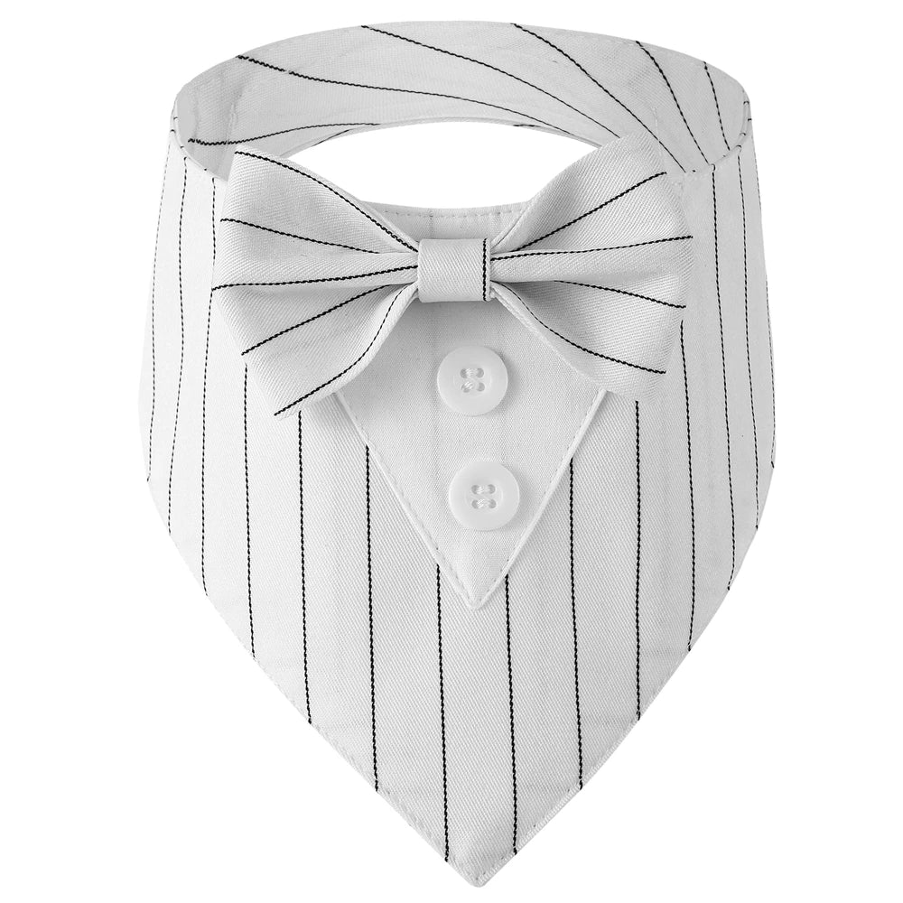 White dog bandana with black pinstripes and button details on a white background