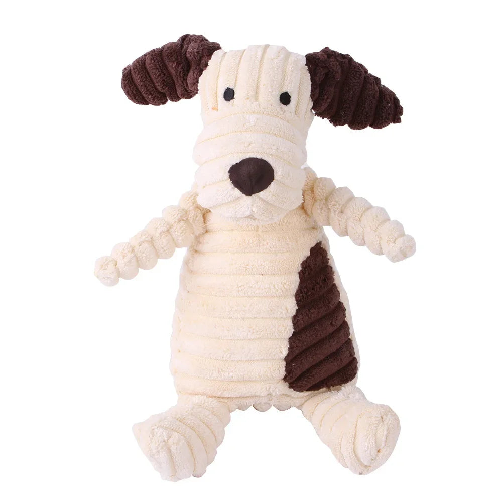 Stuffed dog toy with brown and white pattern on a white background