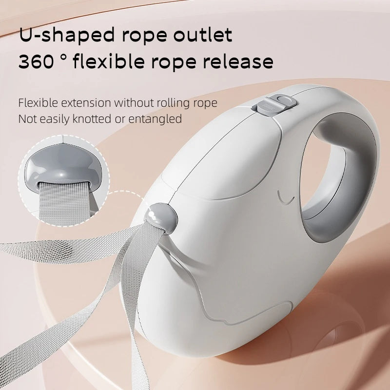 Pet leash device with U-shaped rope outlet and flexible rope release on a beige background
