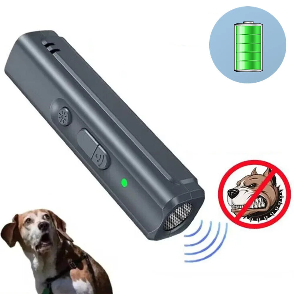 Dog training device with battery icon, dog illustration, and prohibition sign on a white background