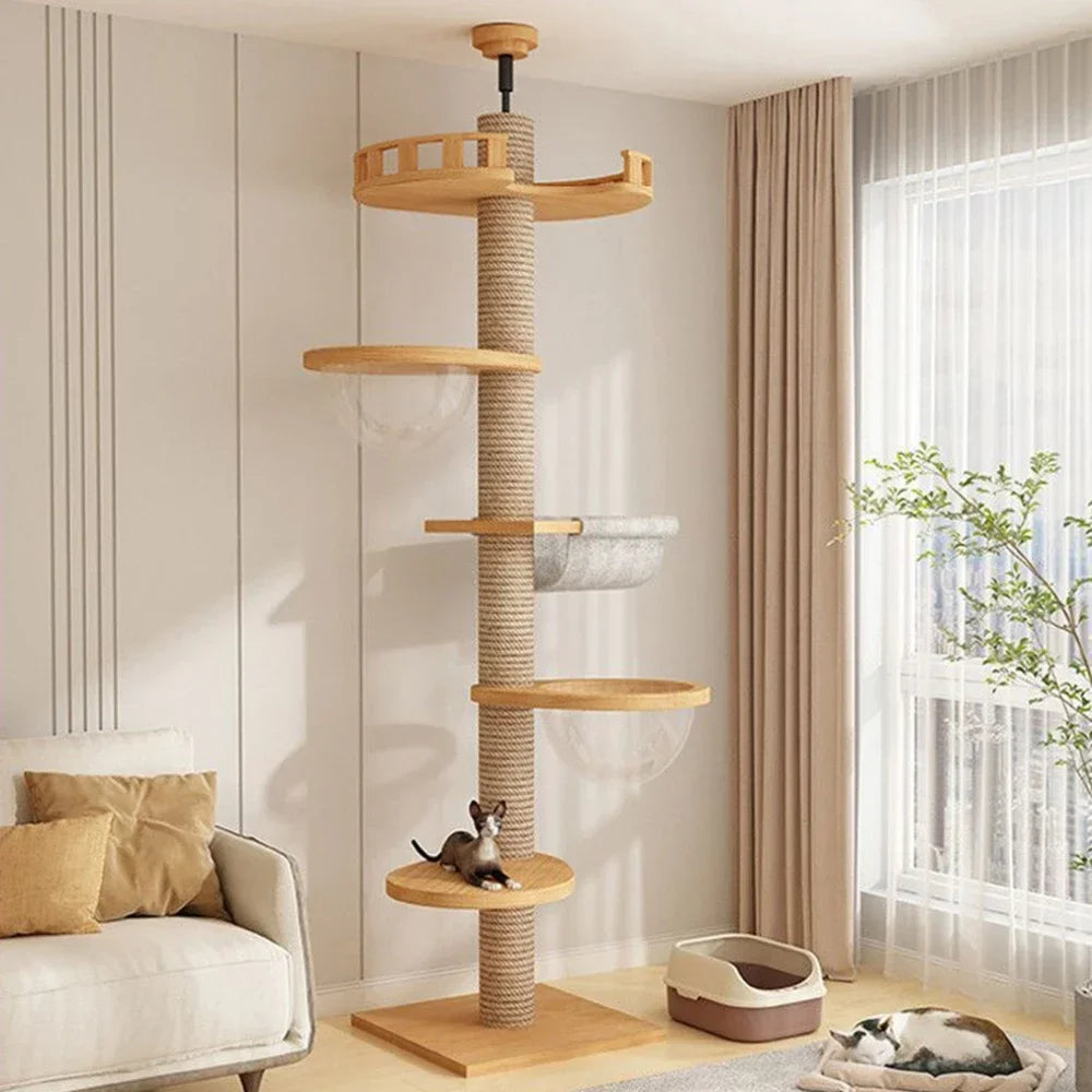 Cat tree with multiple levels in a living room setting Multi-level kitten furniture scratching post