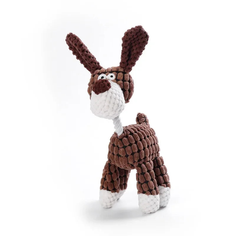 Brown and white plush toy resembling a dog on a white background